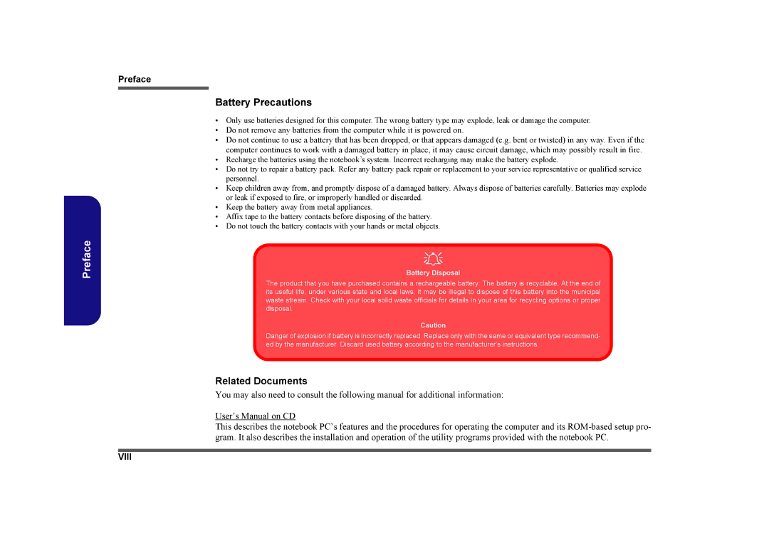 Clevo M729T, M730T, M728T manual Battery Precautions 