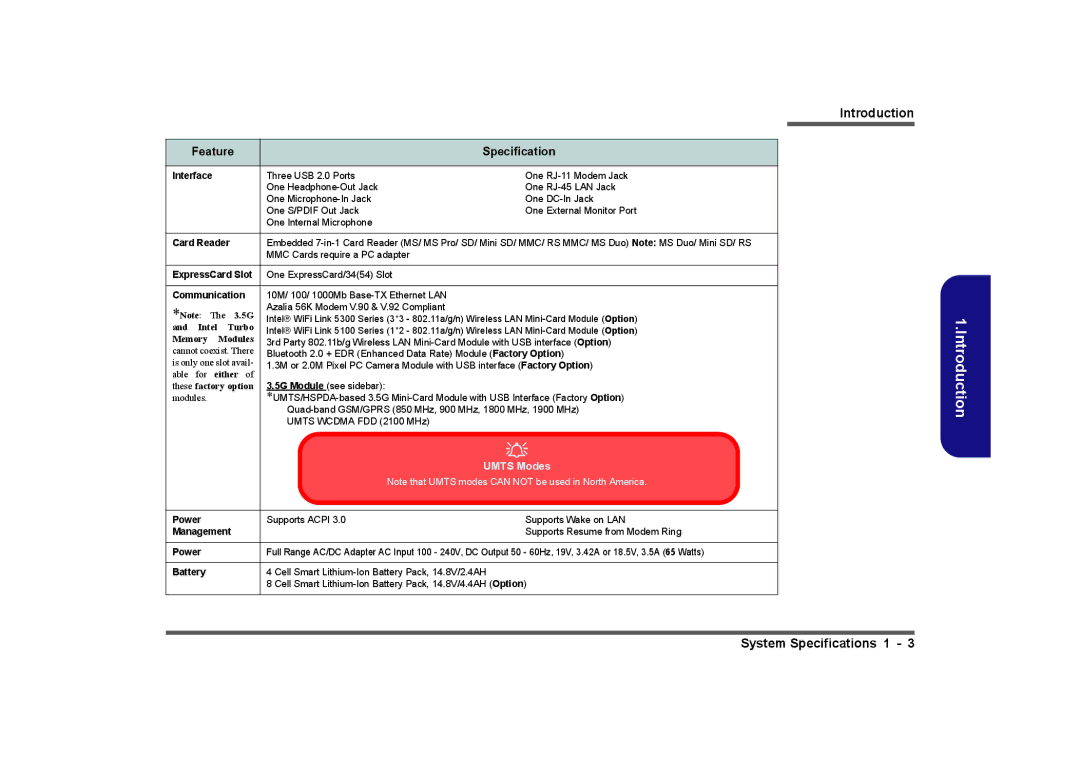 Clevo M730T, M729T, M728T manual System Specifications 1 