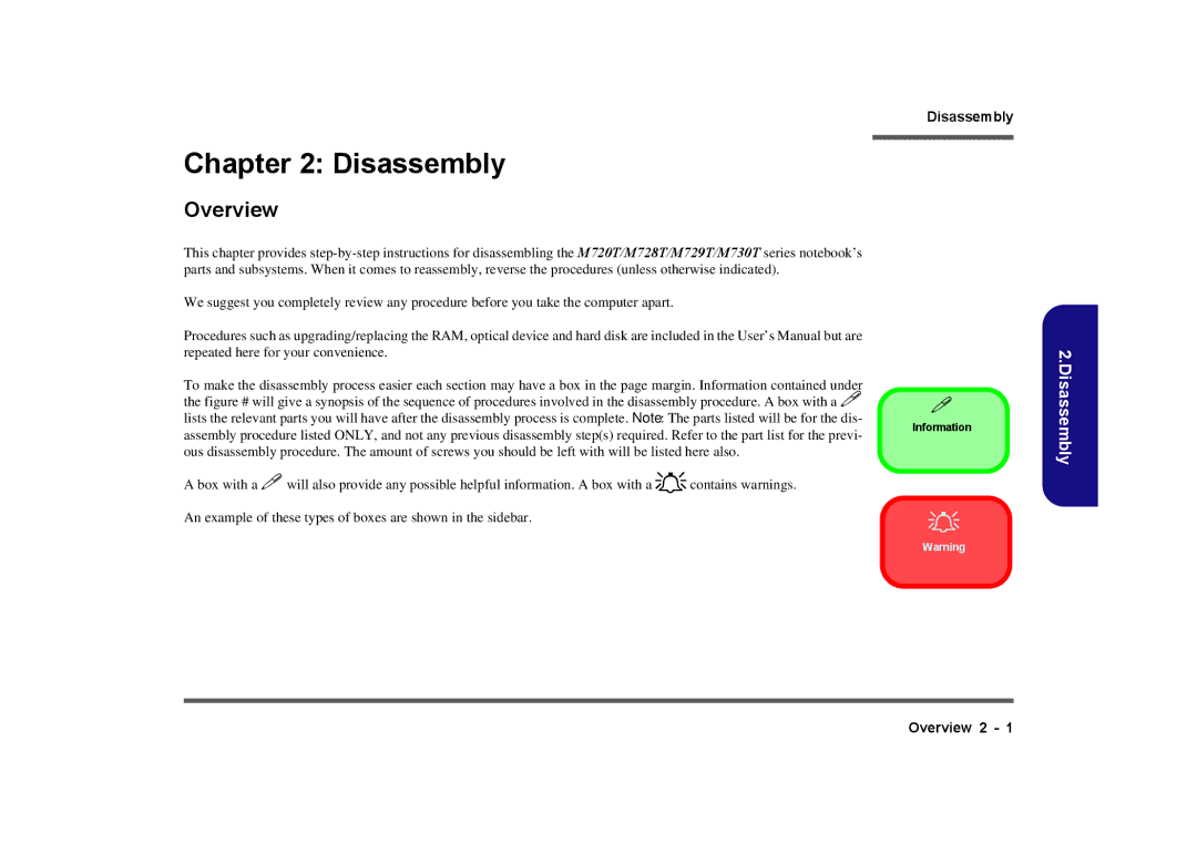 Clevo M729T, M730T, M728T manual Disassembly, Overview 