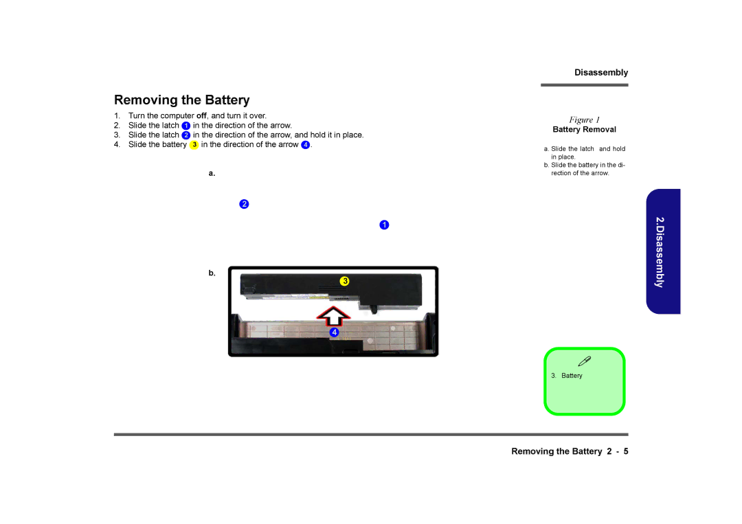 Clevo M728T, M730T, M729T manual Removing the Battery, Battery Removal 