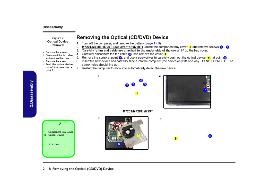 Clevo M730T manual Removing the Optical CD/DVD Device, Optical Device Removal, M720T/M728T/M729T 