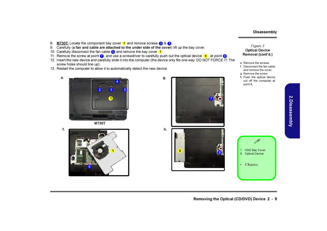 Clevo M730T, M729T, M728T manual Optical Device Removal cont’d 
