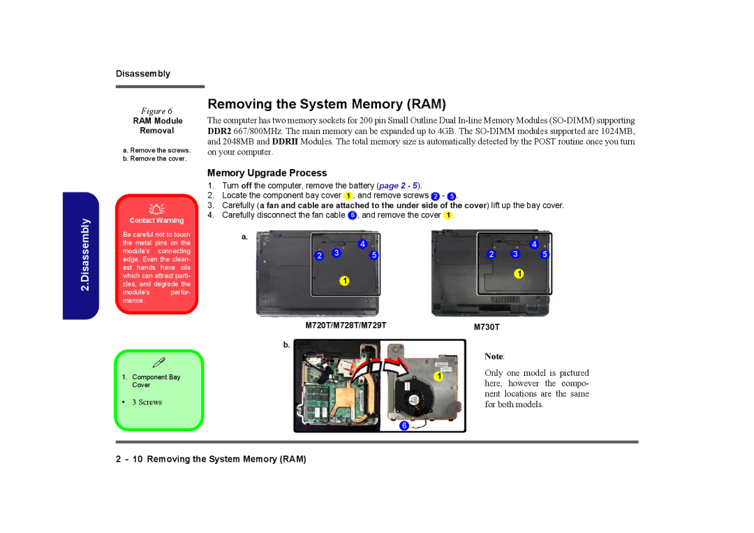 Clevo manual Removing the System Memory RAM, RAM Module Removal, M720T/M728T/M729T M730T 