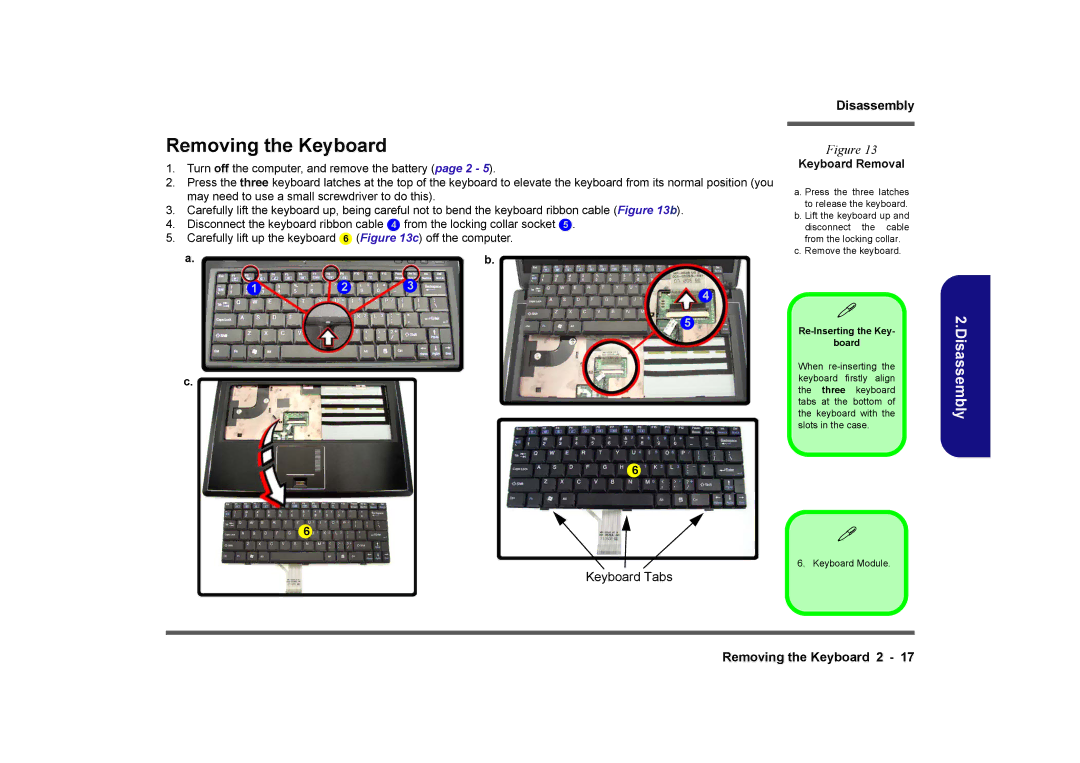 Clevo M728T, M730T, M729T manual Removing the Keyboard, Keyboard Removal 