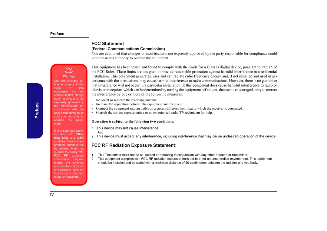 Clevo M730T, M729T, M728T manual FCC Statement 