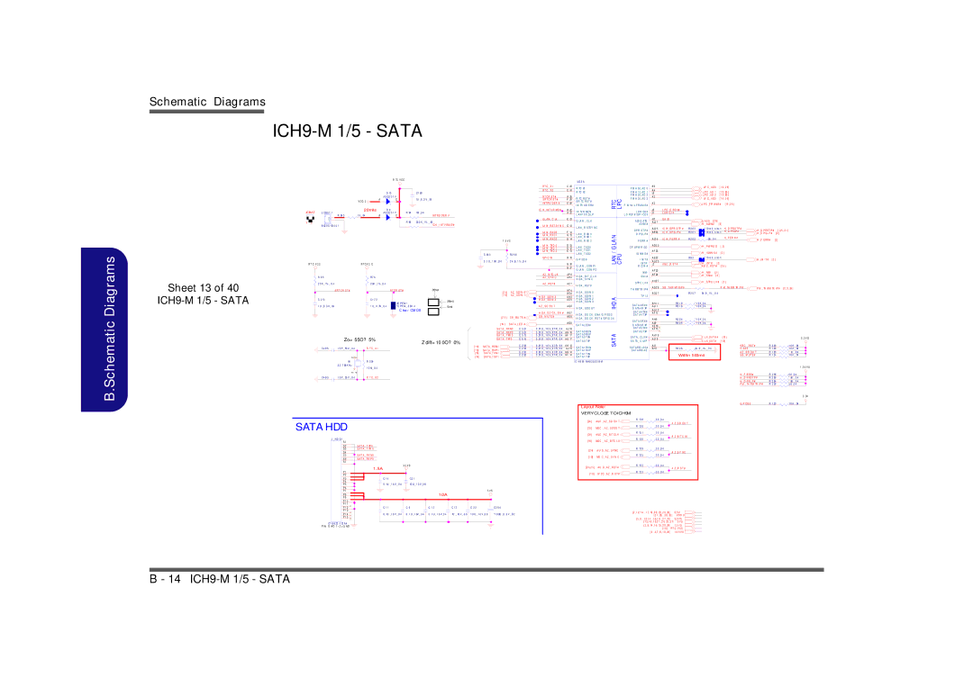 Clevo M729T, M730T, M728T manual Sheet 13 ICH9-M 1/5 Sata, Sata HDD, Within 500mil, Layout Note 