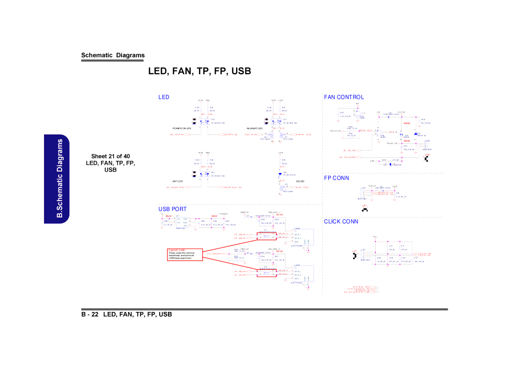 Clevo M730T, M729T, M728T manual Led, Fan, Tp, Fp, Usb, Sheet 21, USB5 Port, 60mil, Ay out Ote 