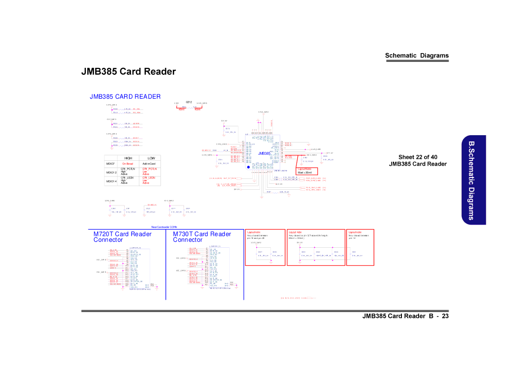 Clevo M729T, M730T, M728T manual Sheet 22 JMB385 Card Reader, On Borad, 40mil, C Md / Ms B S 