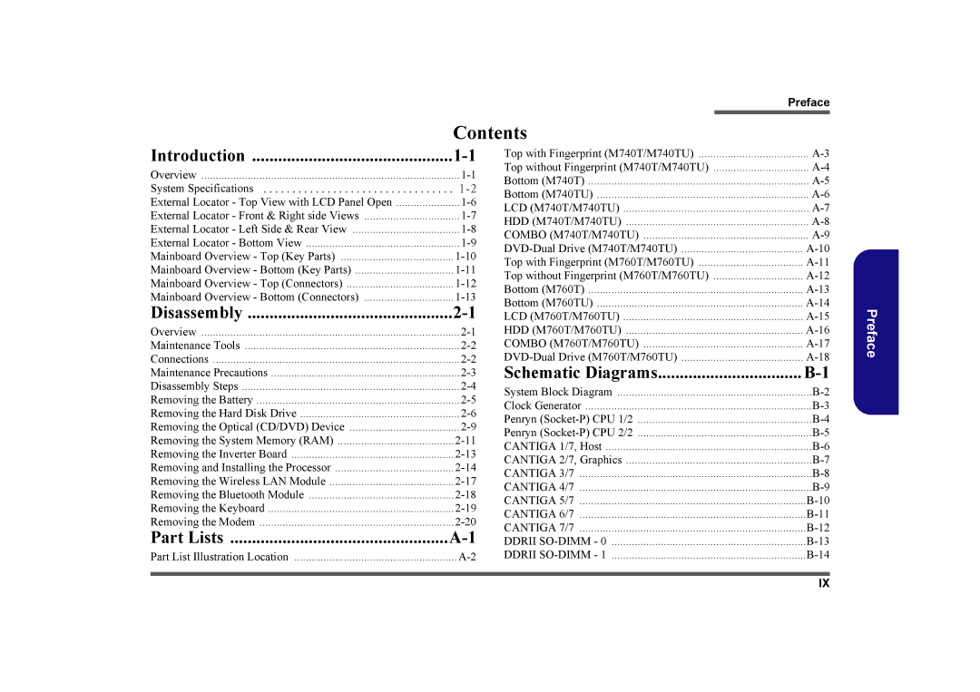 Clevo M760TU, M740TU manual Contents 