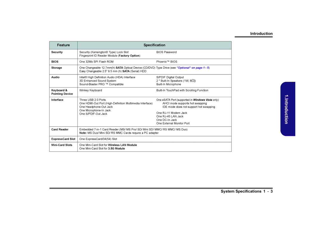 Clevo M760TU, M740TU manual System Specifications 1 