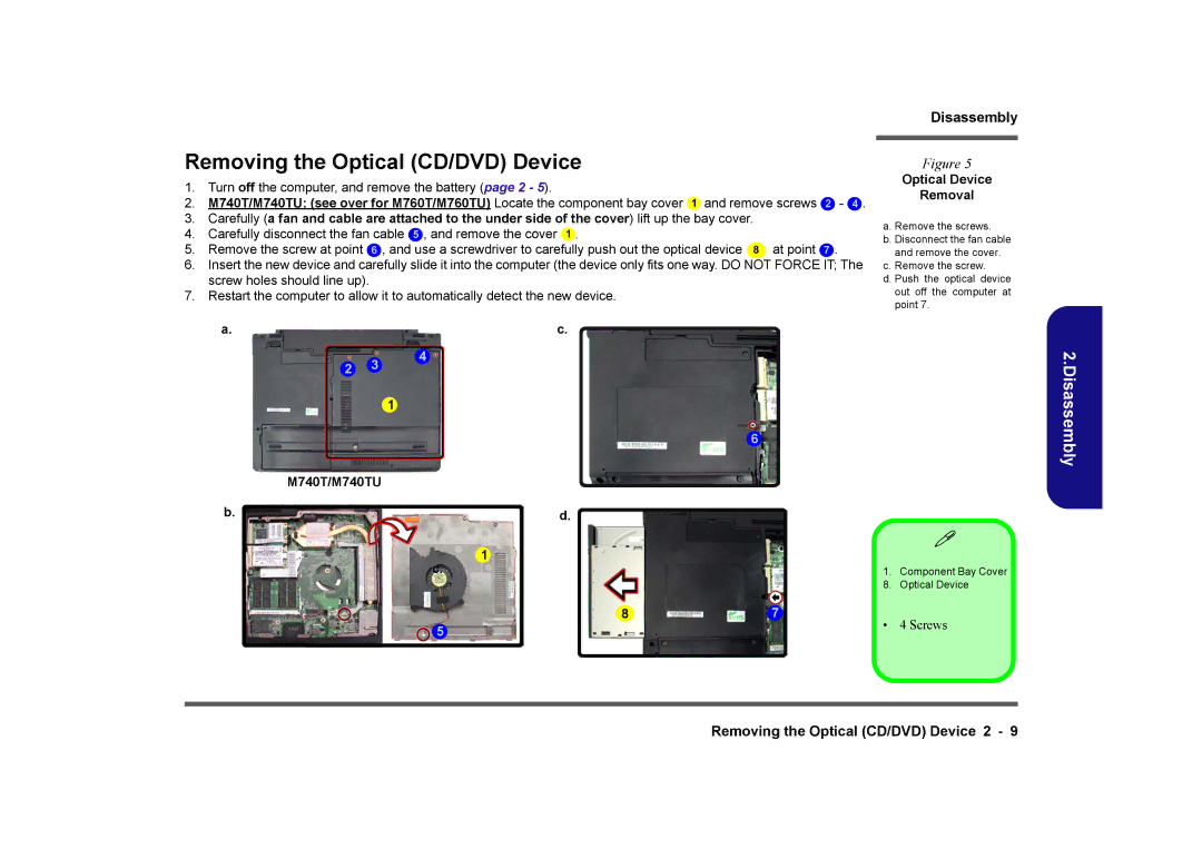 Clevo M760TU manual Removing the Optical CD/DVD Device, Optical Device Removal, M740T/M740TU 