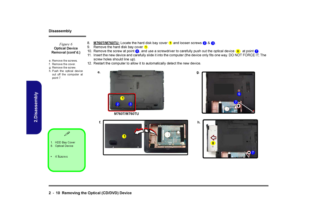 Clevo M740TU manual Optical Device Removal cont’d, M760T/M760TU 