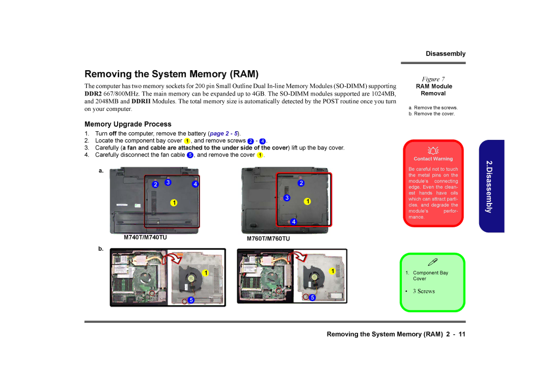 Clevo M740TU, M760TU manual Removing the System Memory RAM, RAM Module Removal 