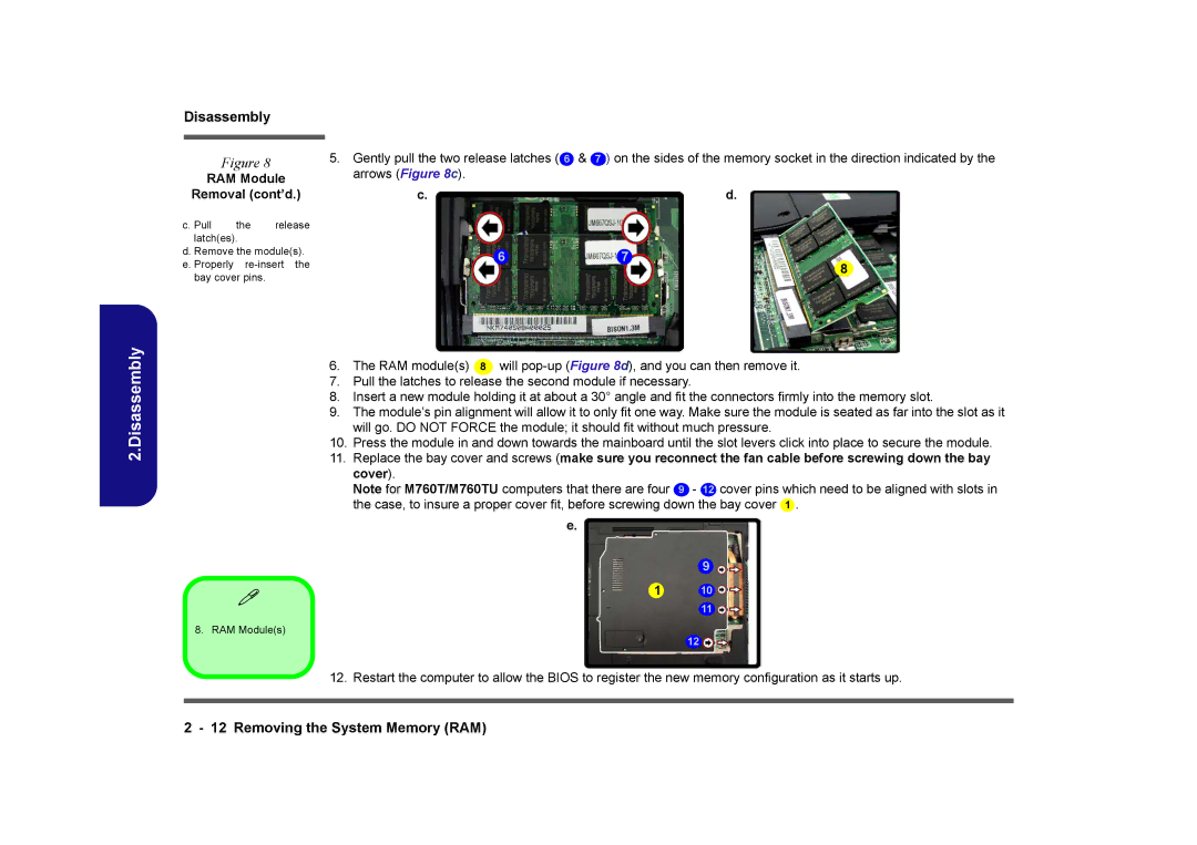 Clevo M760TU, M740TU manual RAM Module Removal cont’d 