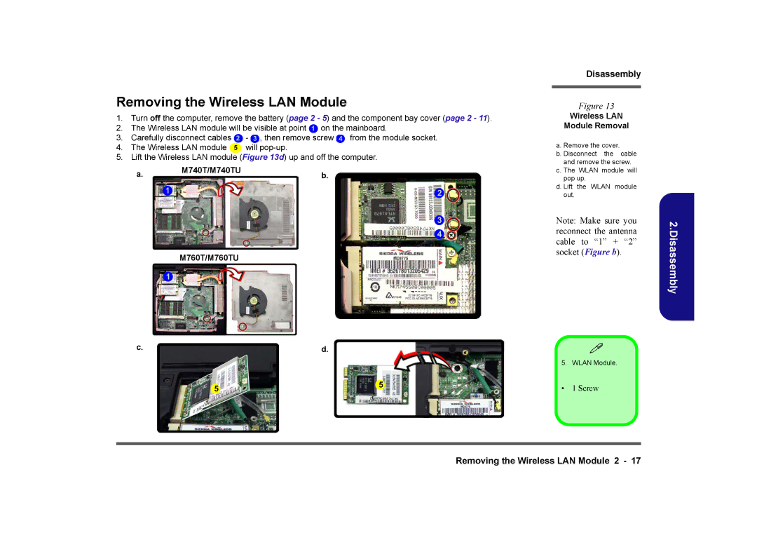 Clevo M740TU, M760TU manual Removing the Wireless LAN Module, Wireless LAN Module Removal 