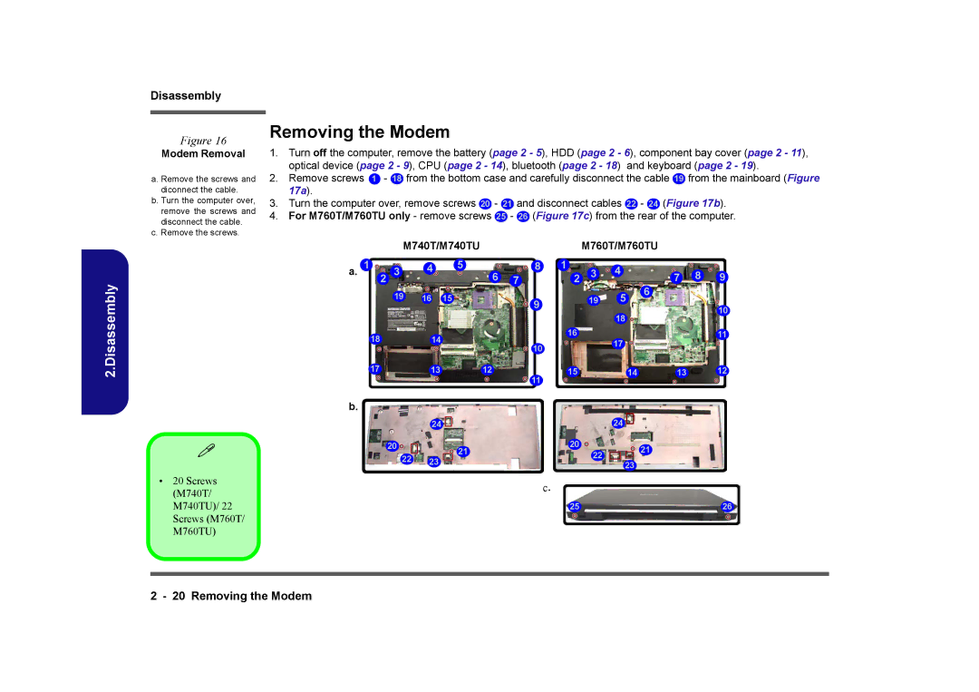 Clevo M740TU, M760TU manual Removing the Modem, Modem Removal 