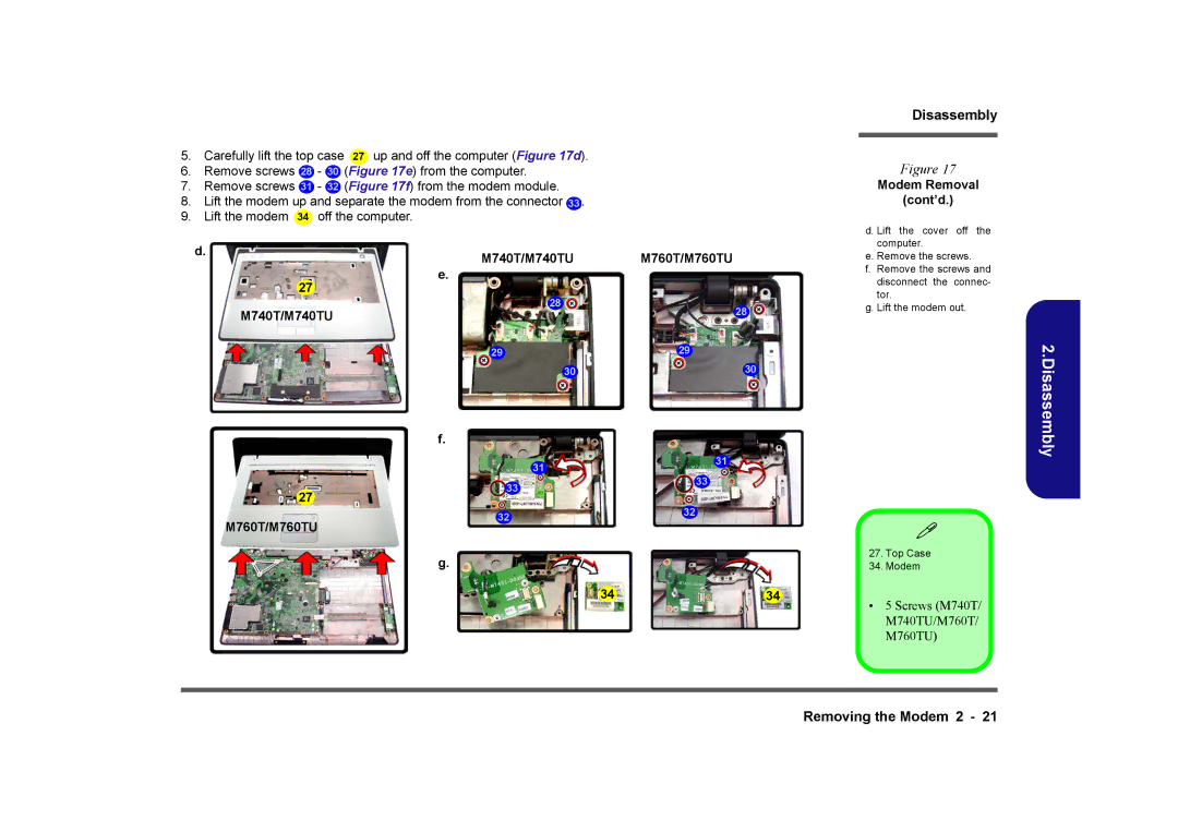 Clevo manual Modem Removal Cont’d M740T/M740TU e M760T/M760TU, M760T/M760TU 3434 