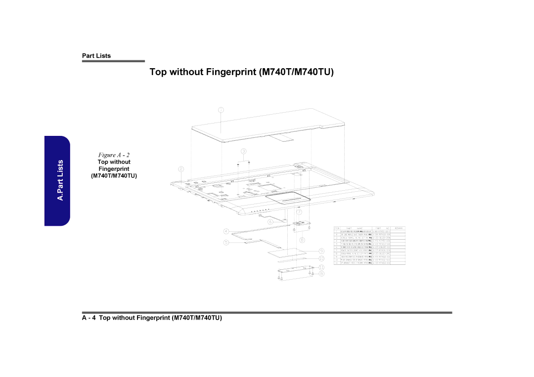 Clevo M760TU manual Top without Fingerprint M740T/M740TU 