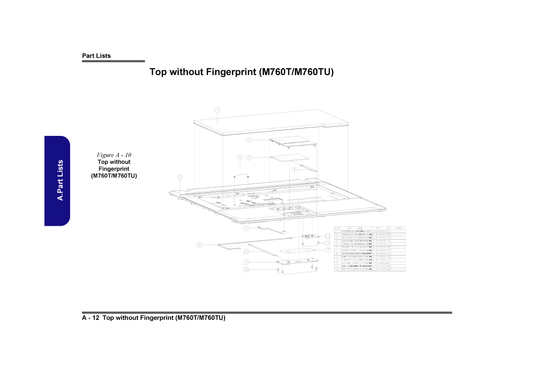 Clevo M740TU manual Top without Fingerprint M760T/M760TU 