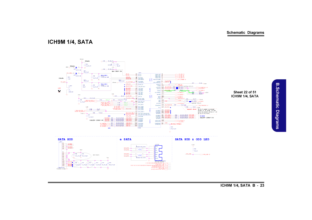 Clevo M760TU, M740TU manual ICH9M 1/4, Sata, Sheet 22, Sata HDD & ODD LED, Within 500mil 