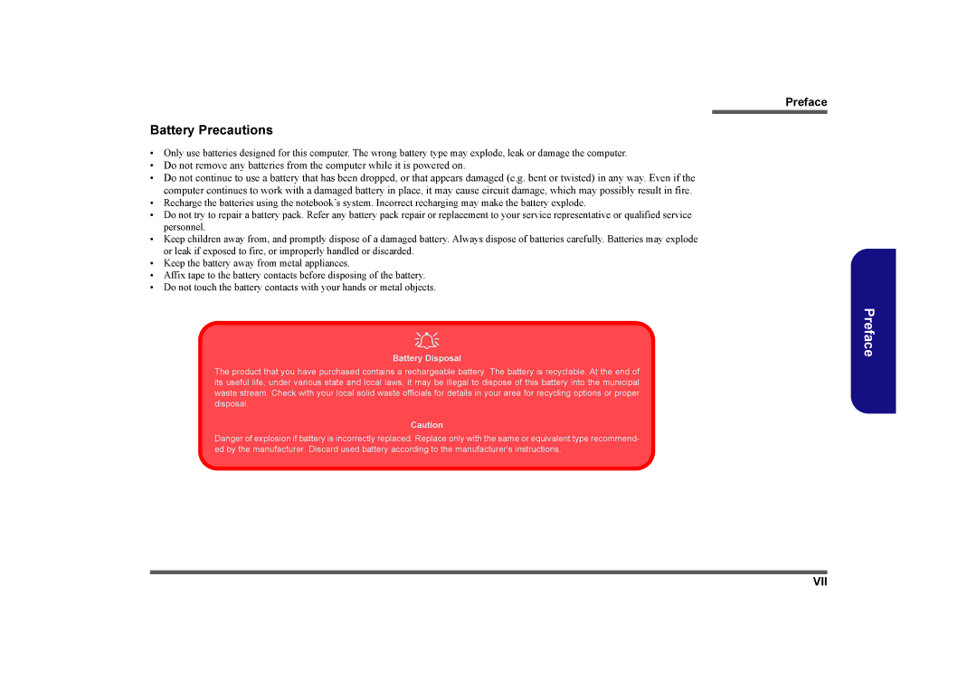 Clevo M760TU, M740TU manual Battery Precautions 