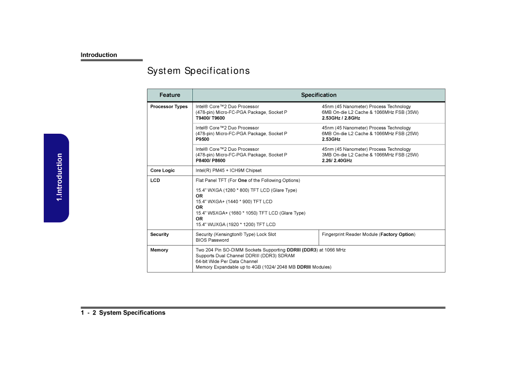 Clevo M860TU manual System Specifications, Feature Specification 