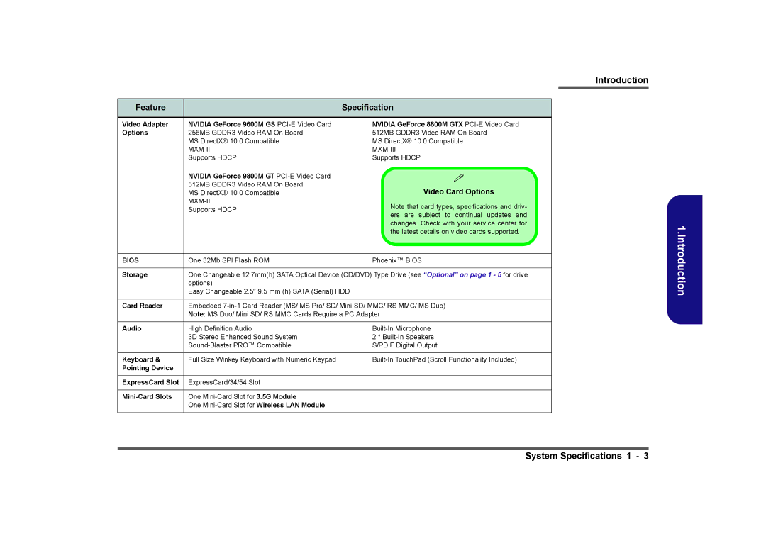 Clevo M860TU manual System Specifications 1 