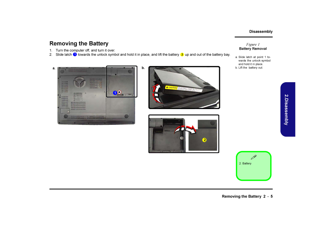 Clevo M860TU manual Removing the Battery, Battery Removal 