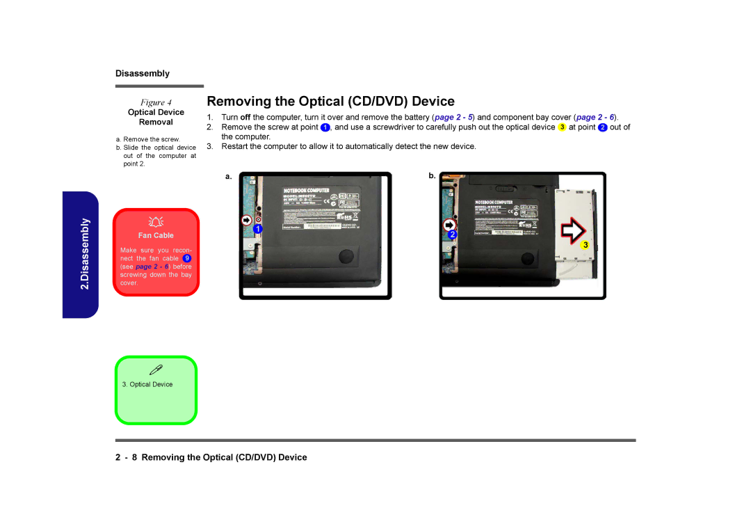 Clevo M860TU manual Removing the Optical CD/DVD Device, Optical Device Removal 