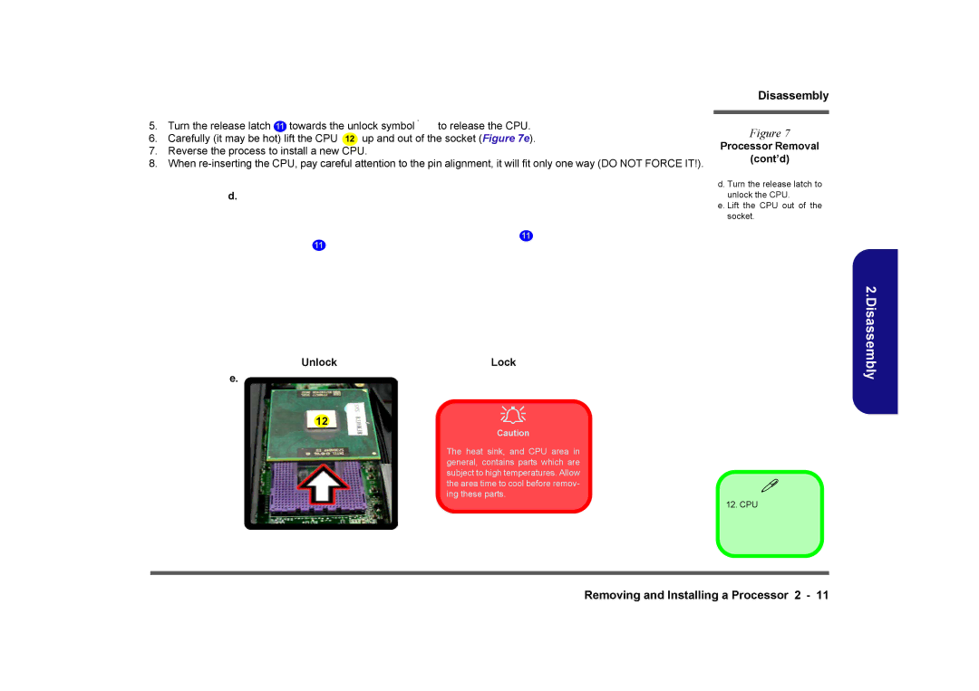 Clevo M860TU manual Processor Removal Cont’d, Unlock Lock 