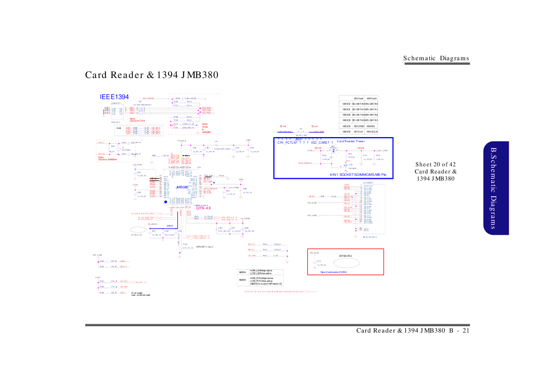 Clevo M860TU manual Card Reader & 1394 JMB380, Sheet 20 Card Reader 1394 JMB380 