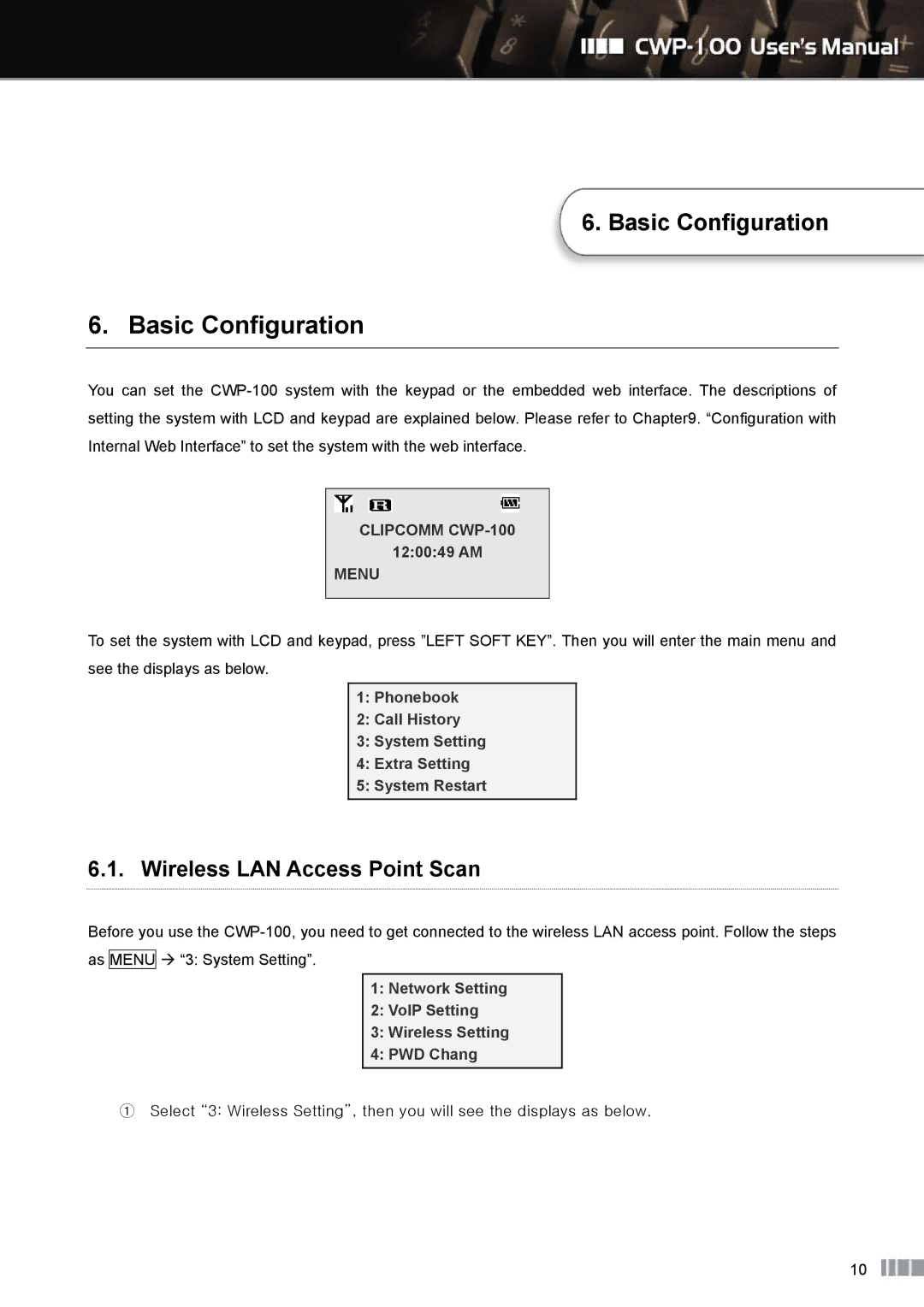 Clicomm CWP-100 manual Basic Configuration, Wireless LAN Access Point Scan, 120049 AM 