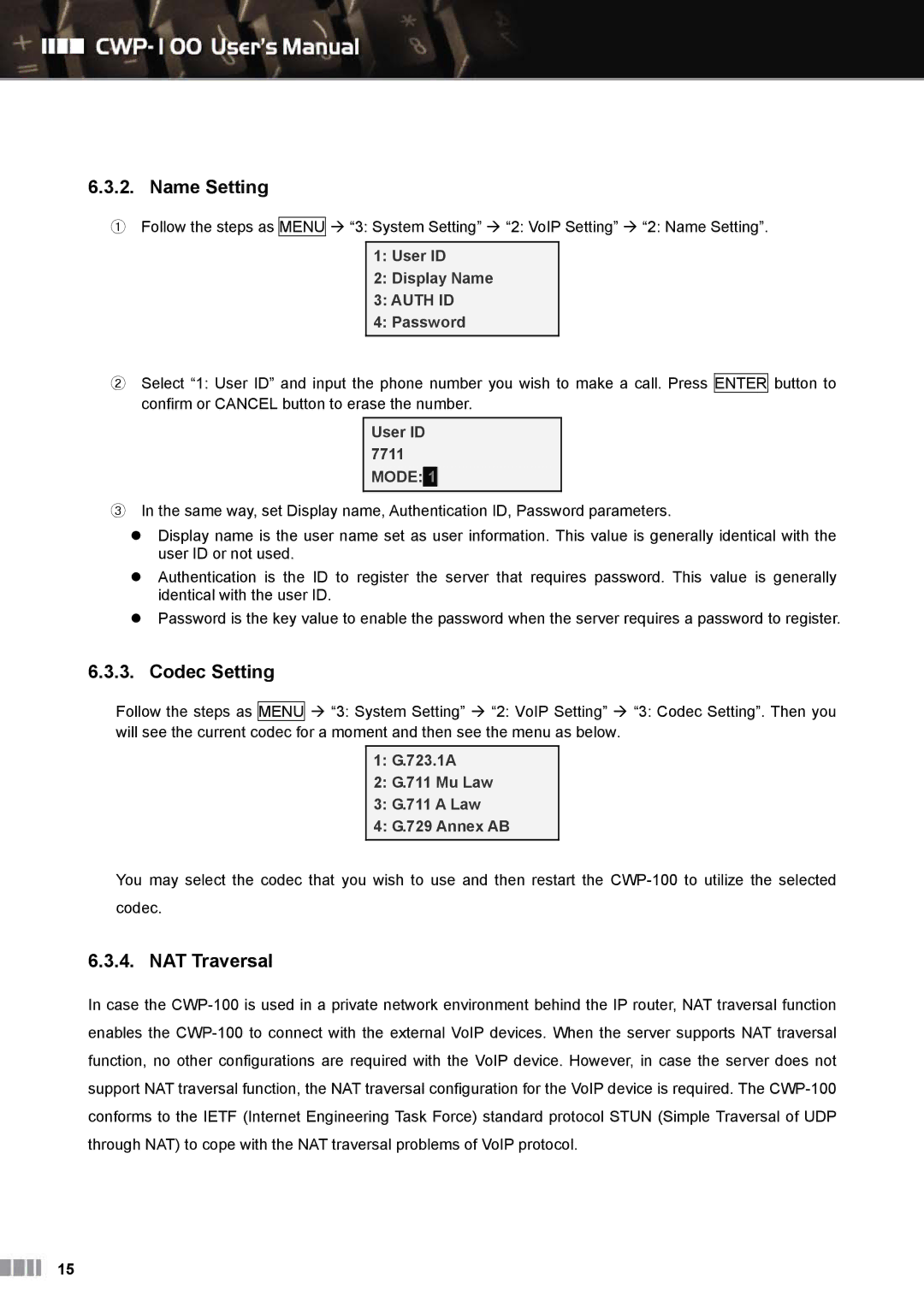 Clicomm CWP-100 manual Name Setting, Codec Setting, NAT Traversal 