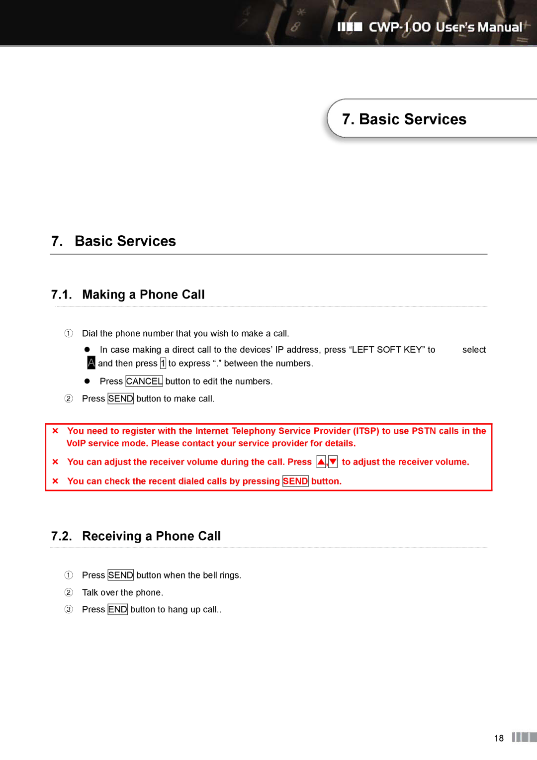 Clicomm CWP-100 manual Basic Services, Making a Phone Call, Receiving a Phone Call 