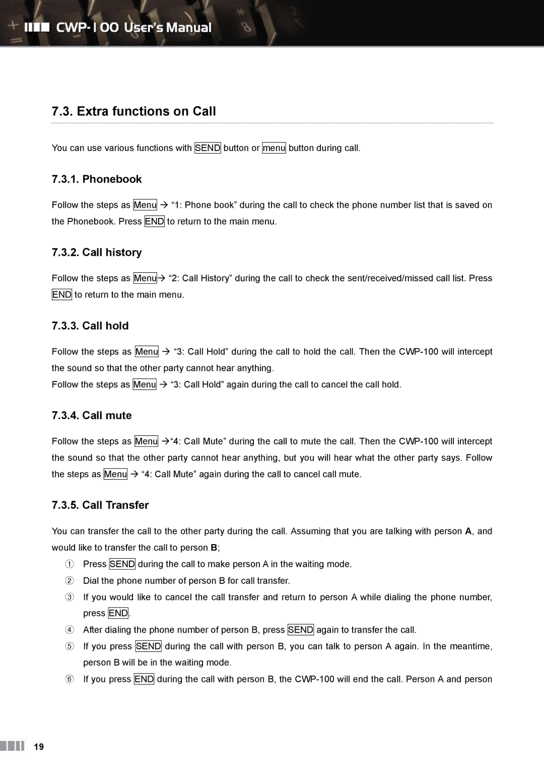 Clicomm CWP-100 manual Extra functions on Call 