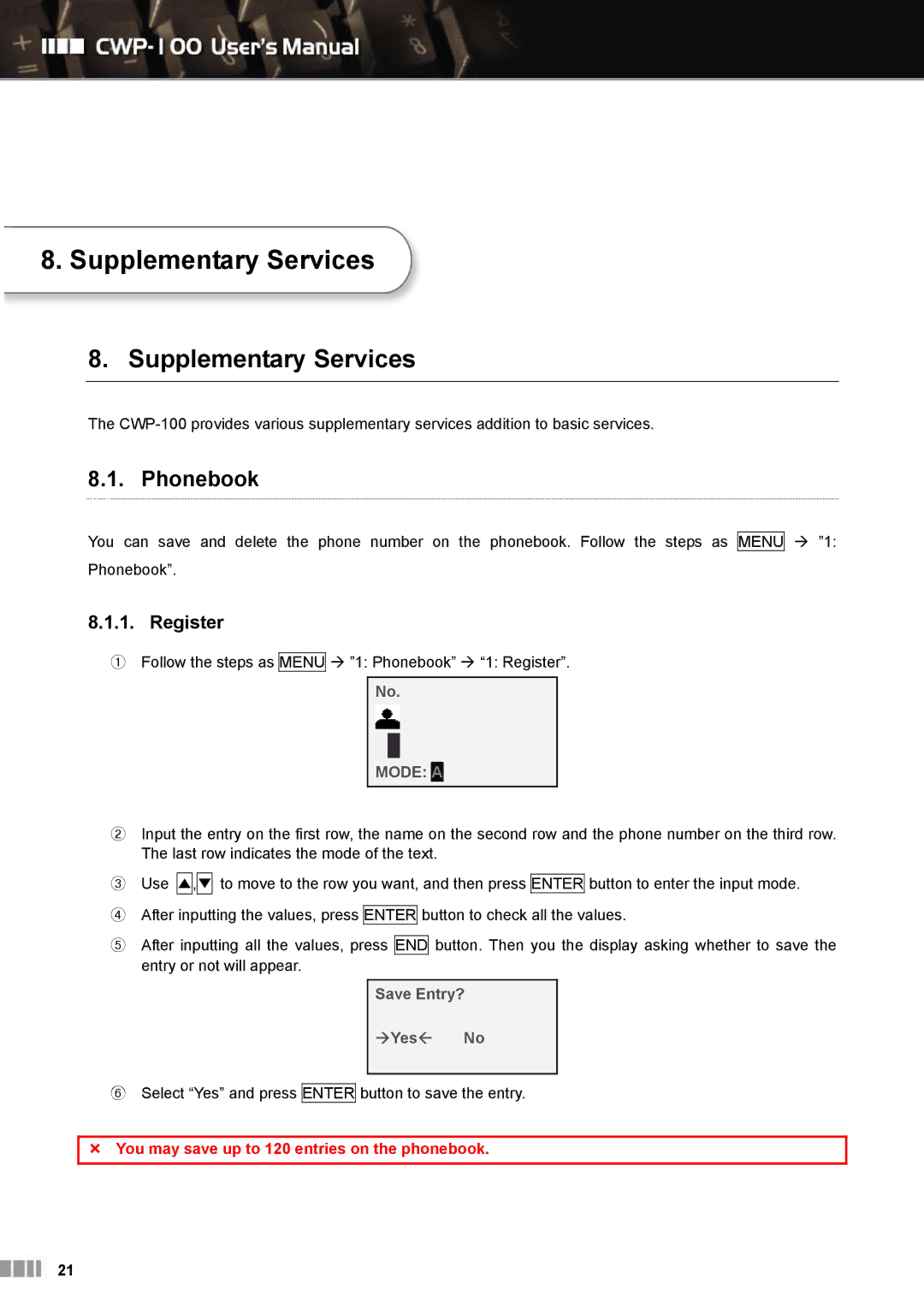 Clicomm CWP-100 manual Supplementary Services, Phonebook, Register 