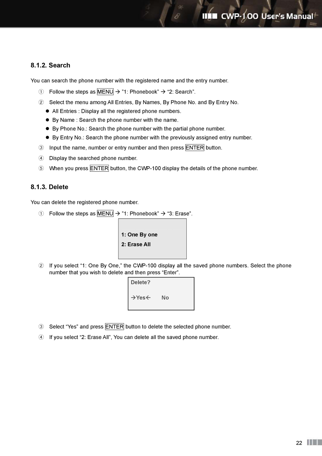 Clicomm CWP-100 manual Search, Delete, One By one Erase All 