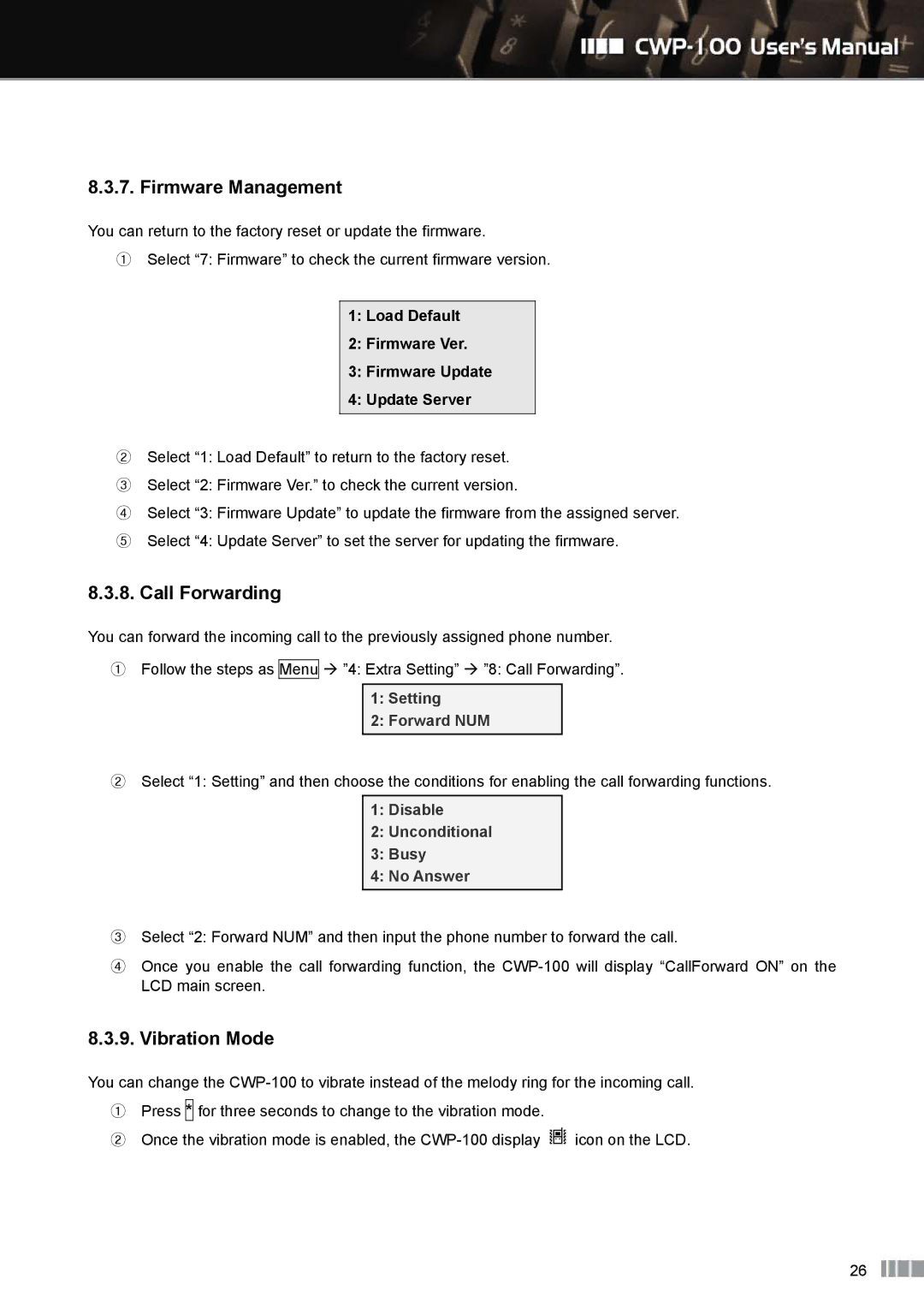 Clicomm CWP-100 manual Firmware Management, Call Forwarding, Vibration Mode, Setting Forward NUM 