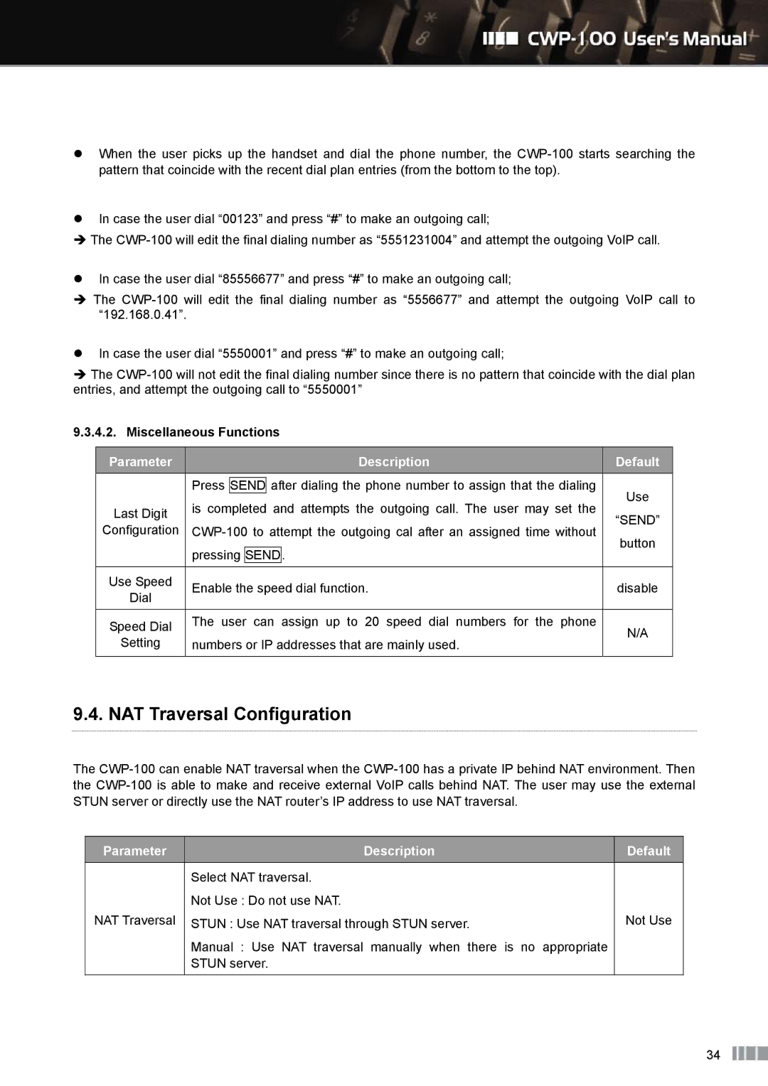 Clicomm CWP-100 manual NAT Traversal Configuration, Miscellaneous Functions 