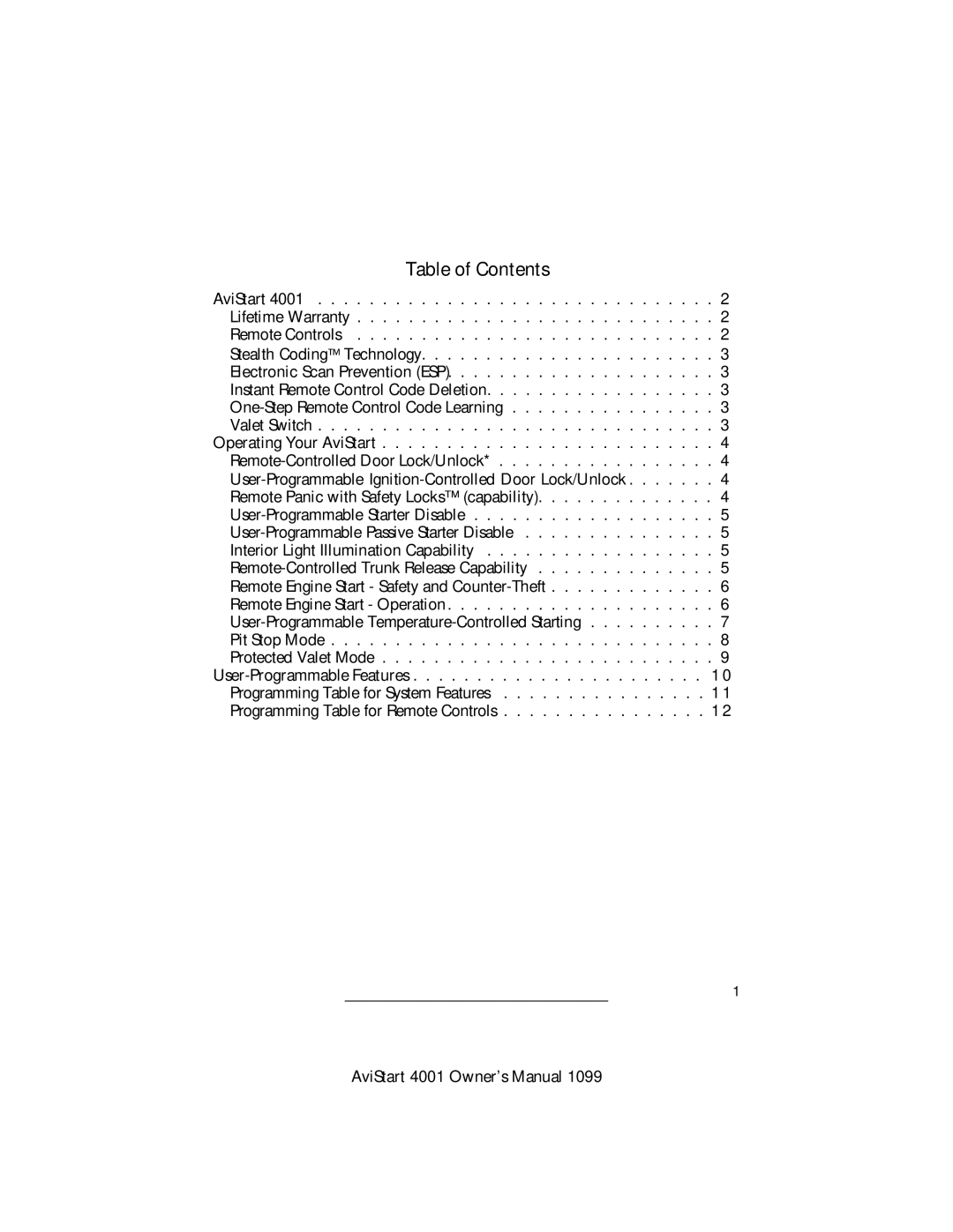 Clifford 4001 manual Table of Contents 