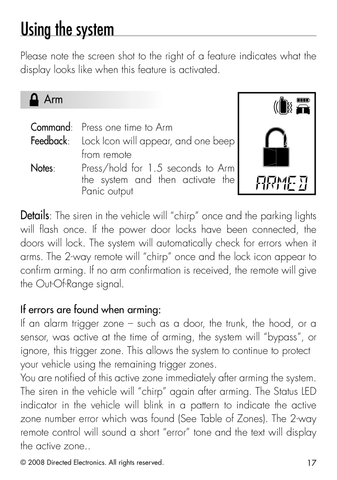 Clifford 50.7X manual Using the system, Arm, If errors are found when arming 