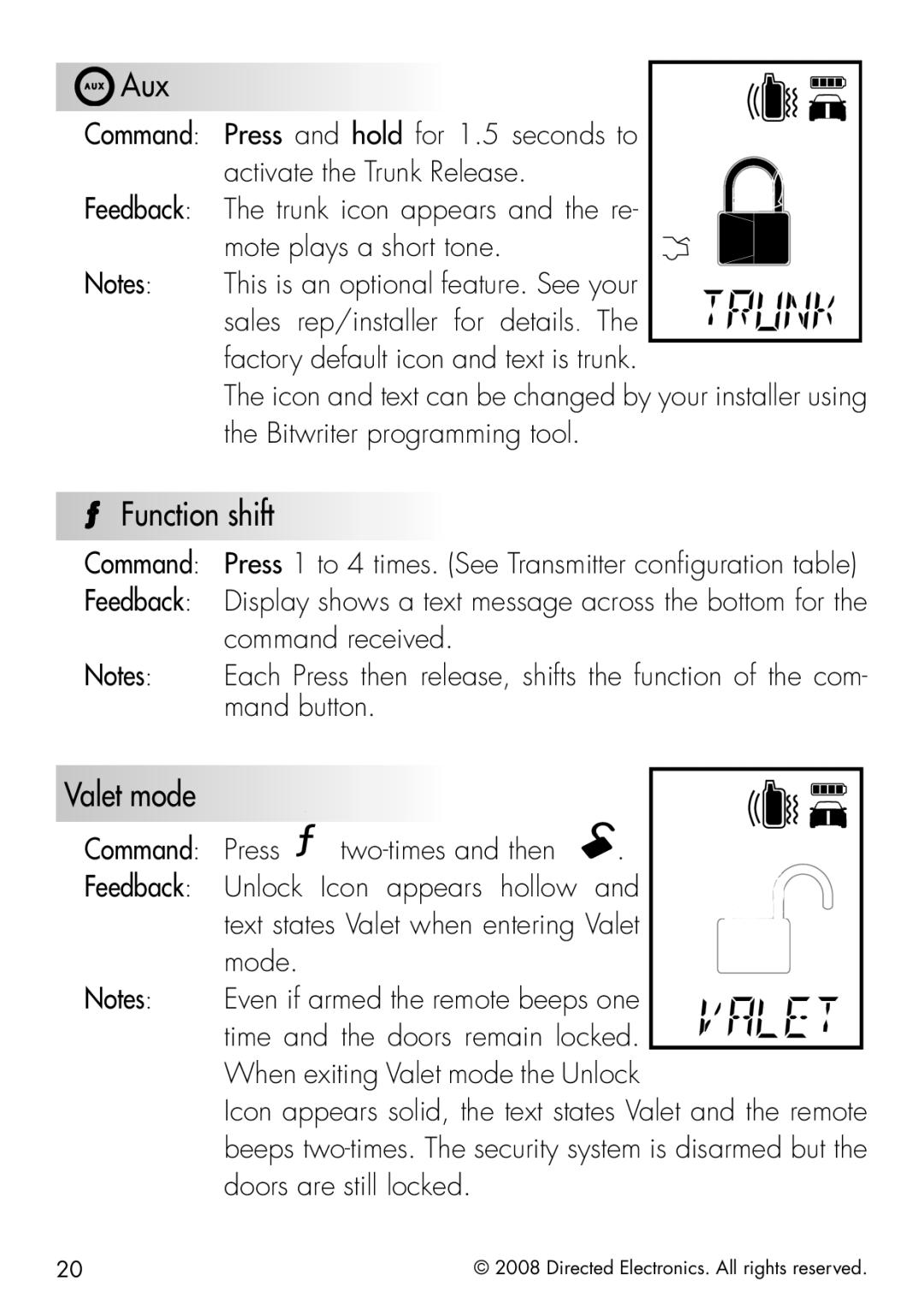 Clifford 50.7X Function shift, Valet mode, Factoryydefaultaicon Andntext is TRUNK, 7HEN EXITINGT6ALET Mode THEH5NLOCK 