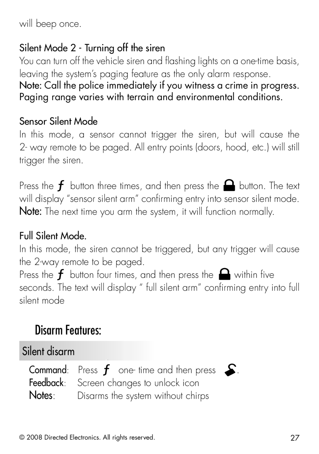 Clifford 50.7X manual Disarm Features, Silent disarm, Will beep once Silent Mode 2 Turning off the siren 