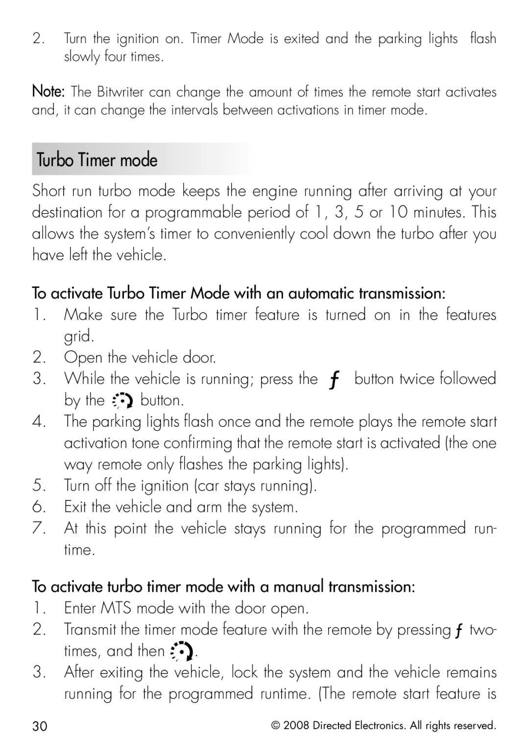 Clifford 50.7X manual Turbo Timer mode, Turn off the ignition car stays running, XIT the Vehicle and ARMMTHETSYSTEM 