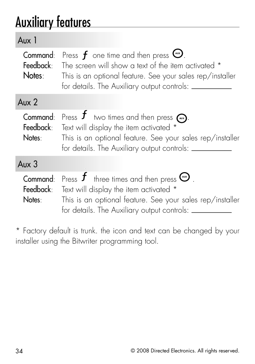 Clifford 50.7X manual Auxiliary features, Feedback 4HEHSCREEN Willeshow a Textlof the Itemwactivatede 