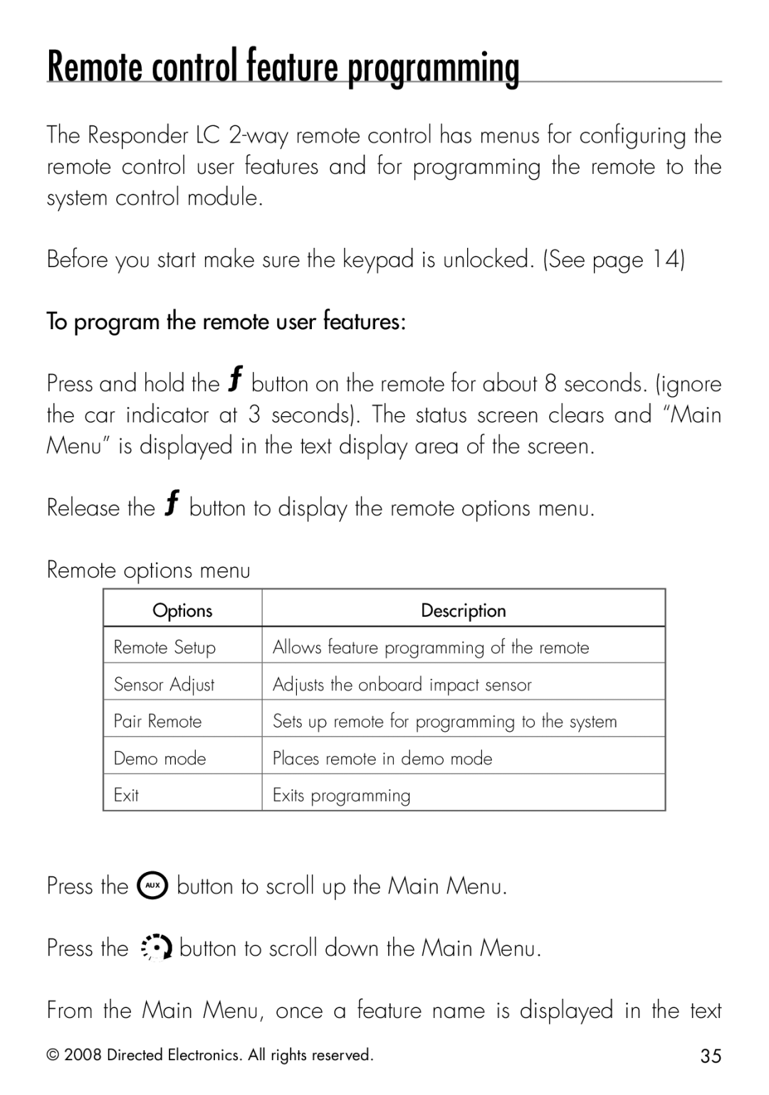 Clifford 50.7X manual Remote control feature programming 