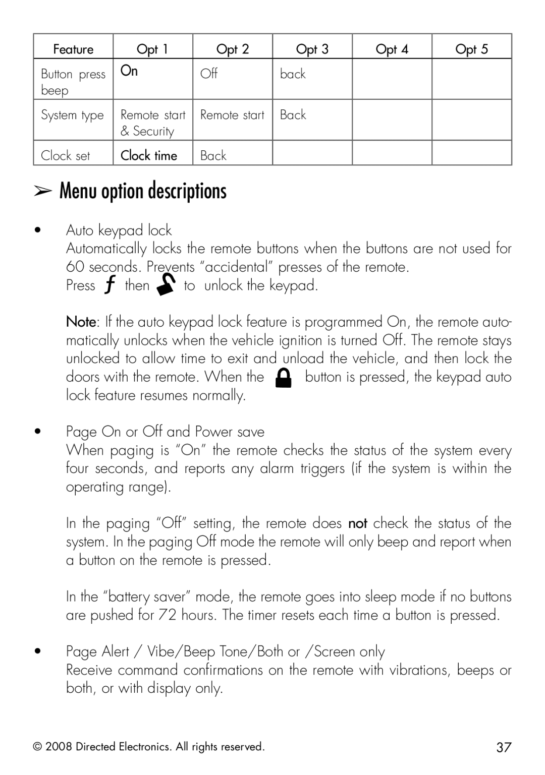 Clifford 50.7X manual Menu option descriptions, Ss Auto keypad lock 
