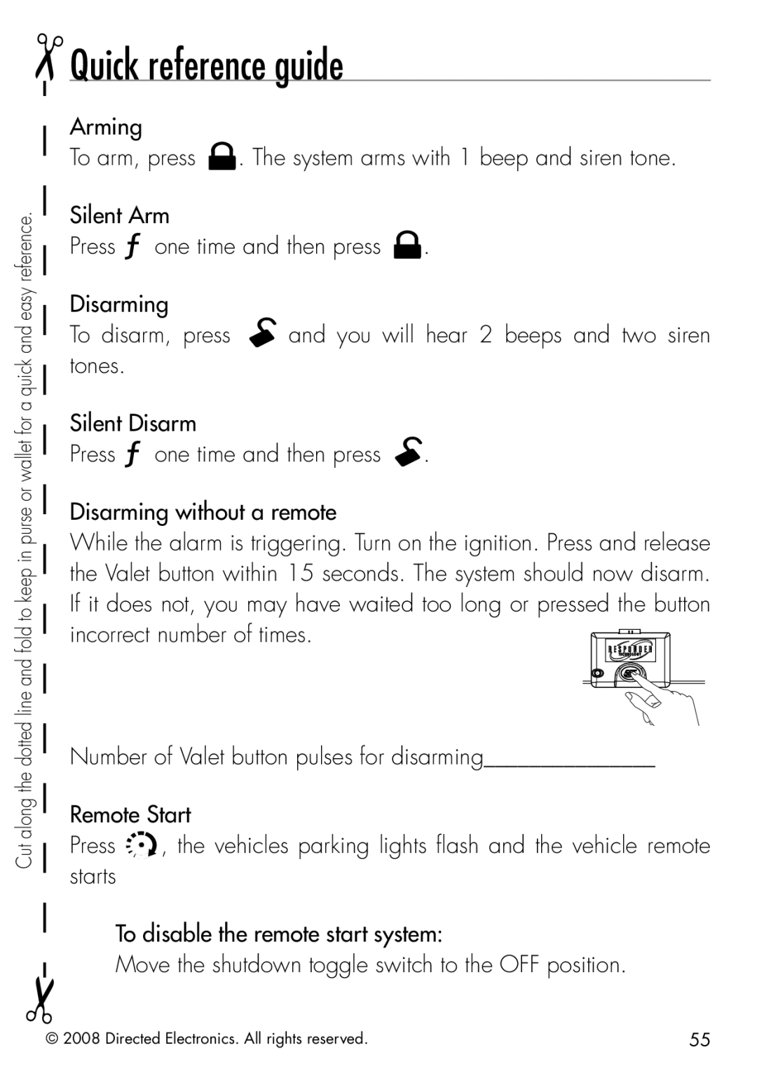 Clifford 50.7X manual Quick reference guide, Disarming without a remote 