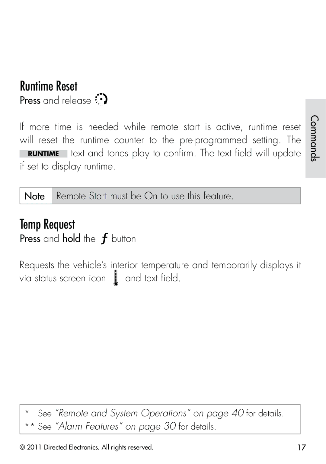 Clifford 570.4X manual Runtime Reset, Temp Request, If set to display runtime Commands, Press and hold the button 