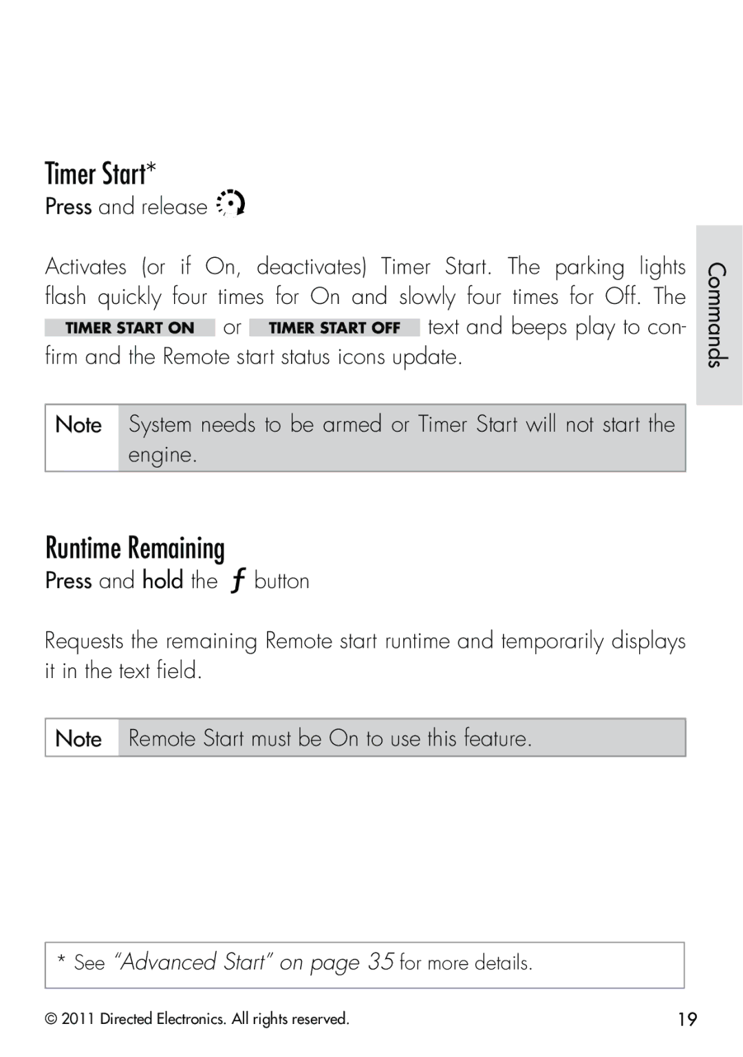 Clifford 570.4X manual Timer Start, Runtime Remaining, ﬁrm and the Remote start status icons update Commands 